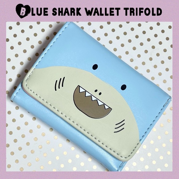 Kawaii Blue Shark Wallet w Vegan Leather - Cute Shark Trifold Short Wallet - Picture 1 of 5